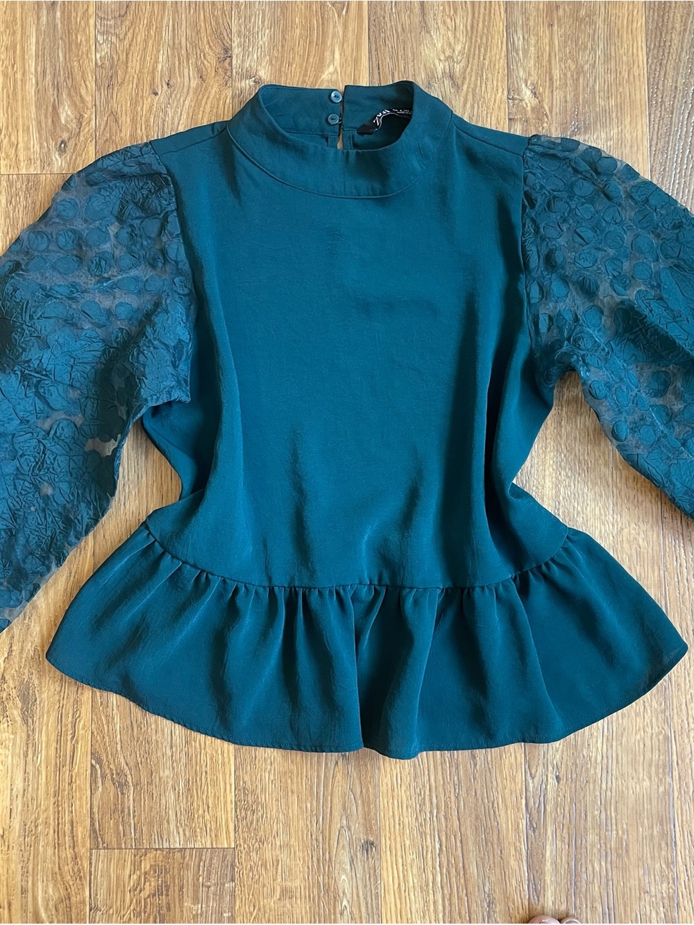 Zara Dark Teal Peplum Blouse with Lace Puff Sleeves